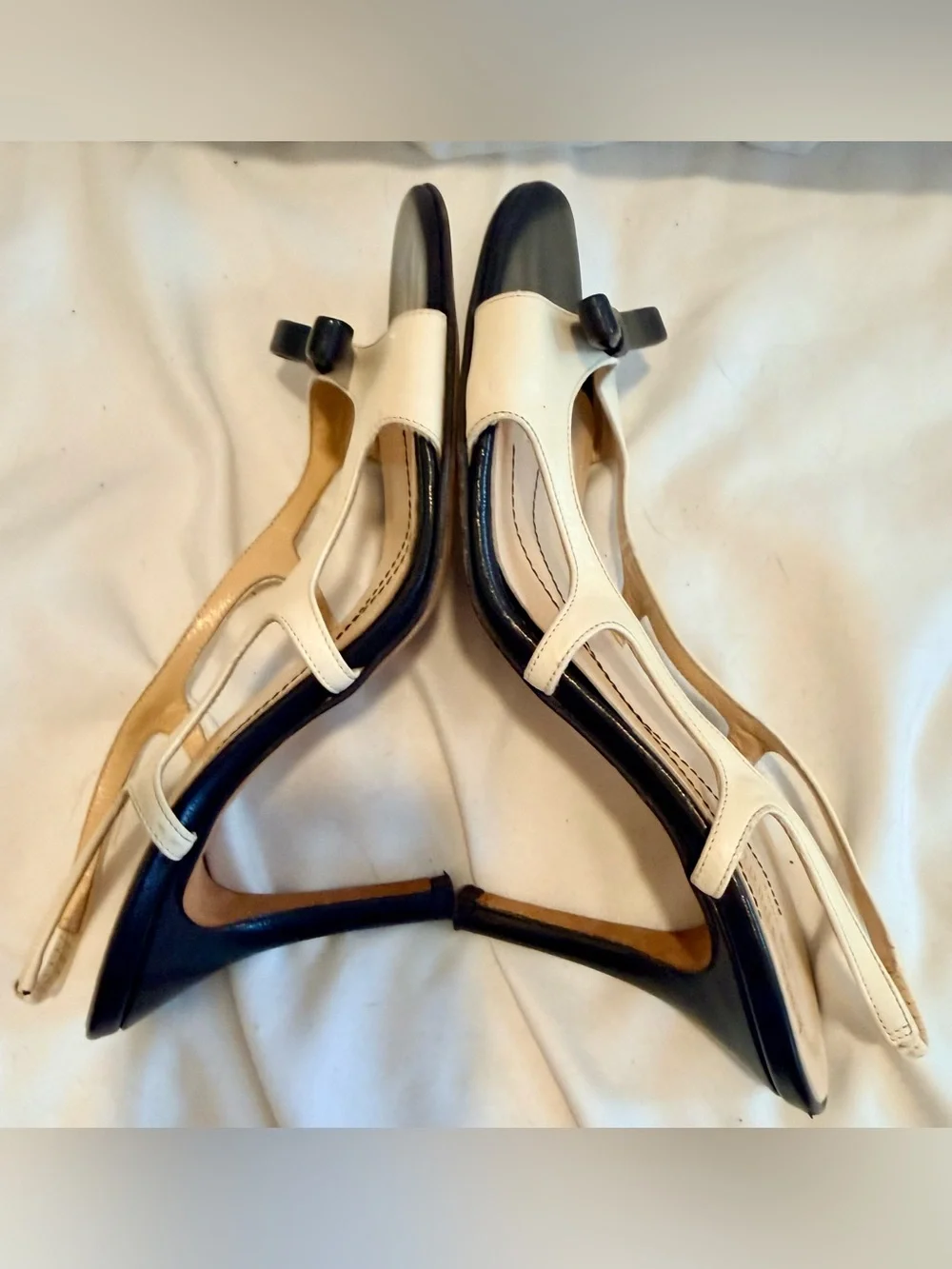 Kate Spade Italy Leather Bow Slingback Heels Cream Black Sz 6 Open Toe 3.5”